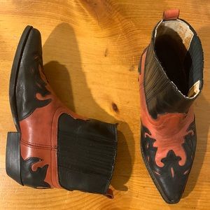 Red & Black Leather Cowboy Ankle Boots